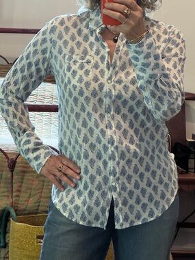 Nili Lotan Indian Cotton Block Print Button Shirt with Collar